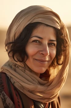 A 50-year-old Middle Eastern woman is being portrayed in a vast desert landscape. (generative AI)