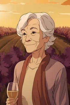 A 60-year-old Caucasian woman holds a bunch of ripe grapes in a lush vineyard under a blue sky. (generative AI)