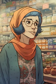 50-year-old Middle Eastern woman beams with a smile as she shops in a vibrant spice market. (generative AI)