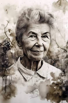 A 60-year-old Caucasian woman holds a bunch of ripe grapes in a lush vineyard under a blue sky. (generative AI)