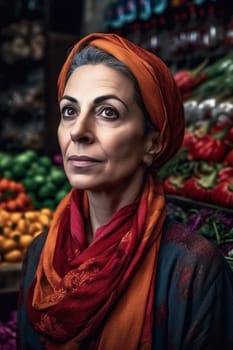 50-year-old Middle Eastern woman beams with a smile as she shops in a vibrant spice market. (generative AI)