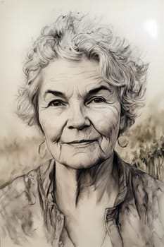 A 60-year-old Caucasian woman holds a bunch of ripe grapes in a lush vineyard under a blue sky. (generative AI)
