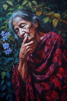 A 60-year-old Latina woman is being portrayed in a lush garden. (generative AI)