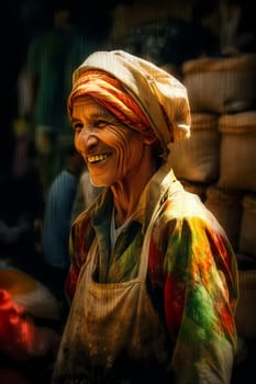 50-year-old Middle Eastern woman beams with a smile as she shops in a vibrant spice market. (generative AI)