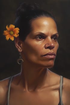 A 60-year-old Latina woman is being portrayed in a lush garden. (generative AI)