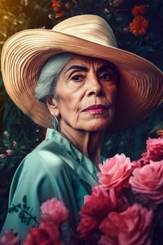 A 60-year-old Latina woman is being portrayed in a lush garden. (generative AI)