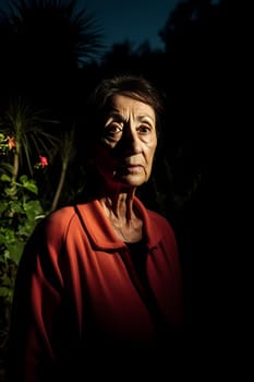 A 60-year-old Latina woman is being portrayed in a lush garden. (generative AI)