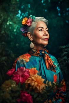 A 60-year-old Latina woman is being portrayed in a lush garden. (generative AI)