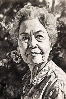A 60-year-old Latina woman is being portrayed in a lush garden. (generative AI)