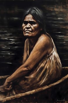 60-year-old Native Alaskan woman skillfully fishes for salmon in a pristine river. (generative AI)