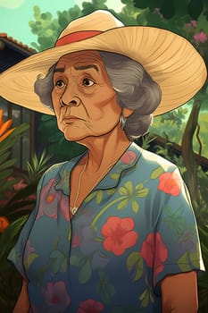 A 60-year-old Latina woman is being portrayed in a lush garden. (generative AI)