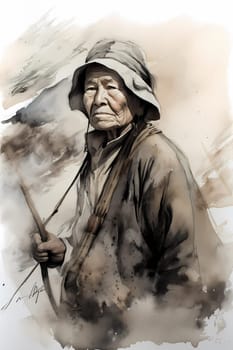 60-year-old Native Alaskan woman skillfully fishes for salmon in a pristine river. (generative AI)