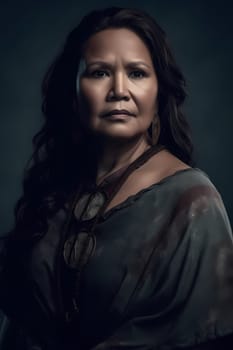 A 50-year-old Native American woman stands in front of a wide desert landscape with a serious expression. (generative AI)