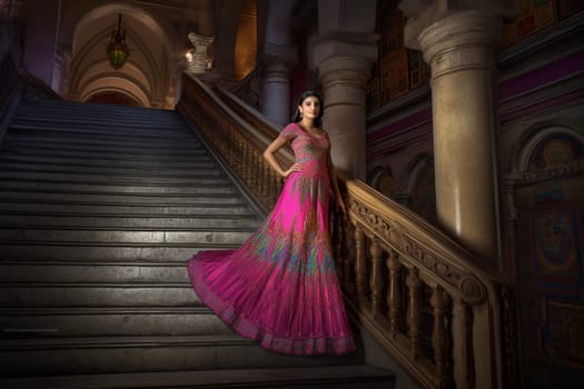 A 50 years old Asian woman is being portrayed in an elegant museum. (generative AI)