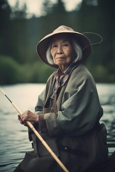 60-year-old Native Alaskan woman skillfully fishes for salmon in a pristine river. (generative AI)