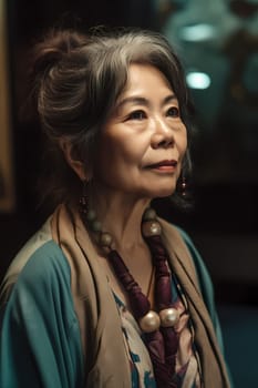 A 50 years old Asian woman is being portrayed in an elegant museum. (generative AI)
