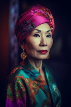A 50 years old Asian woman is being portrayed in an elegant museum. (generative AI)
