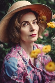 A 50 years old Caucasian woman being portrayed in a garden Surrounded by flowers and smelling a rose. (generative AI)