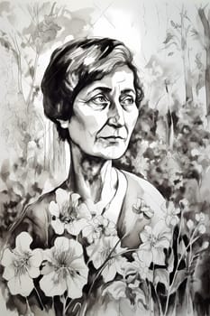 A 50 years old Caucasian woman being portrayed in a garden Surrounded by flowers and smelling a rose. (generative AI)