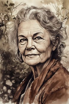 A 50 years old Caucasian woman being portrayed in a garden Surrounded by flowers and smelling a rose. (generative AI)