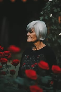 A 50 years old Caucasian woman being portrayed in a garden Surrounded by flowers and smelling a rose. (generative AI)