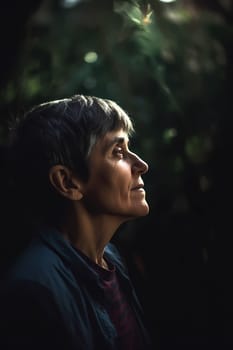 A 50 years old Caucasian woman being portrayed in a garden Surrounded by flowers and smelling a rose. (generative AI)