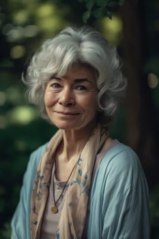 A 50 years old Caucasian woman being portrayed in a garden Surrounded by flowers and smelling a rose. (generative AI)