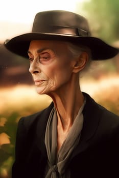A 60-year-old Caucasian woman holds a bunch of ripe grapes in a lush vineyard under a blue sky. (generative AI)