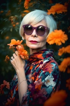A 50 years old Caucasian woman being portrayed in a garden Surrounded by flowers and smelling a rose. (generative AI)