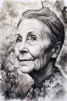 A 50 years old Caucasian woman being portrayed in a garden Surrounded by flowers and smelling a rose. (generative AI)