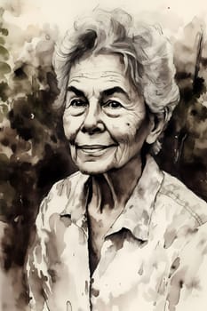 A 60-year-old Caucasian woman holds a bunch of ripe grapes in a lush vineyard under a blue sky. (generative AI)