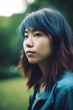 A serene Asian woman of 26 years old is captured walking in a tranquil park with greenery surrounding her. (generative AI)