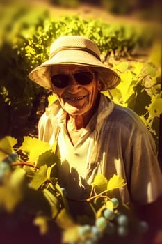A 60-year-old Caucasian woman holds a bunch of ripe grapes in a lush vineyard under a blue sky. (generative AI)