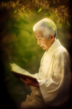A 70-year-old Japanese woman is captured immersed in a book surrounded by a traditional garden (generative AI)