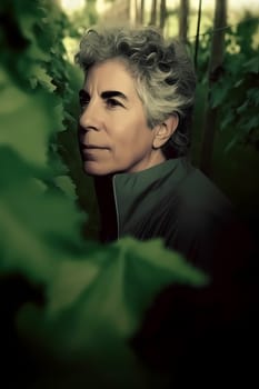 A 60-year-old Caucasian woman holds a bunch of ripe grapes in a lush vineyard under a blue sky. (generative AI)