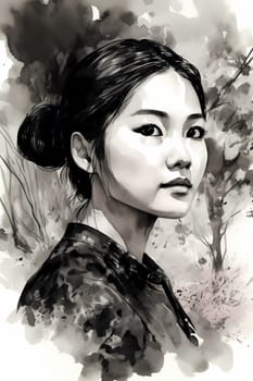 A serene Asian woman of 26 years old is captured walking in a tranquil park with greenery surrounding her. (generative AI)
