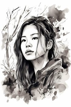 A serene Asian woman of 26 years old is captured walking in a tranquil park with greenery surrounding her. (generative AI)