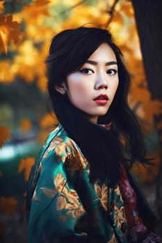 A serene Asian woman of 26 years old is captured walking in a tranquil park with greenery surrounding her. (generative AI)