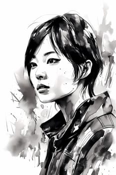A serene Asian woman of 26 years old is captured walking in a tranquil park with greenery surrounding her. (generative AI)