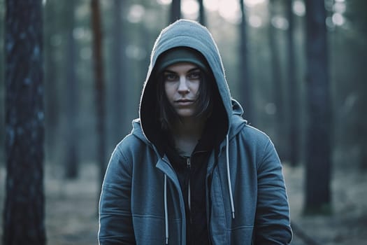 A 70-year-old European woman is being portrayed in a snowy forest. (generative AI)