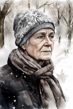 A 70-year-old European woman is being portrayed in a snowy forest. (generative AI)