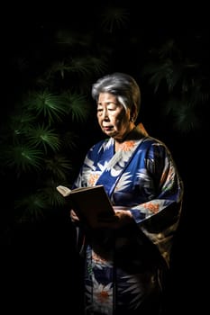 A 70-year-old Japanese woman is captured immersed in a book surrounded by a traditional garden (generative AI)