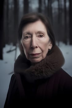 A 70-year-old European woman is being portrayed in a snowy forest. (generative AI)