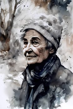 A 70-year-old European woman is being portrayed in a snowy forest. (generative AI)