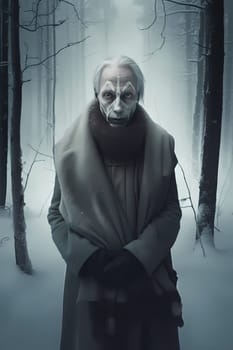 A 70-year-old European woman is being portrayed in a snowy forest. (generative AI)
