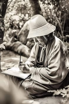 A 70-year-old Japanese woman is captured immersed in a book surrounded by a traditional garden (generative AI)