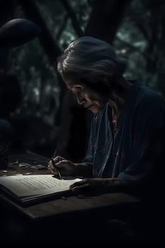 A 70-year-old Japanese woman is captured immersed in a book surrounded by a traditional garden (generative AI)
