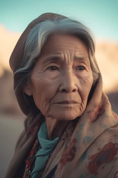 A 60-year-old Native American woman is being portrayed in a beautiful desert landscape. (generative AI)