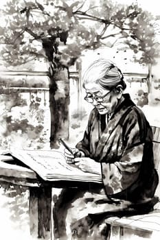 A 70-year-old Japanese woman is captured immersed in a book surrounded by a traditional garden (generative AI)