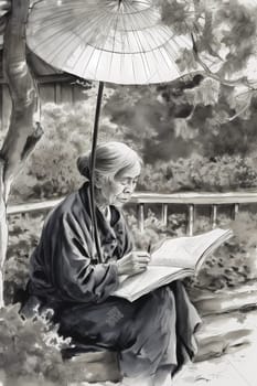 A 70-year-old Japanese woman is captured immersed in a book surrounded by a traditional garden (generative AI)